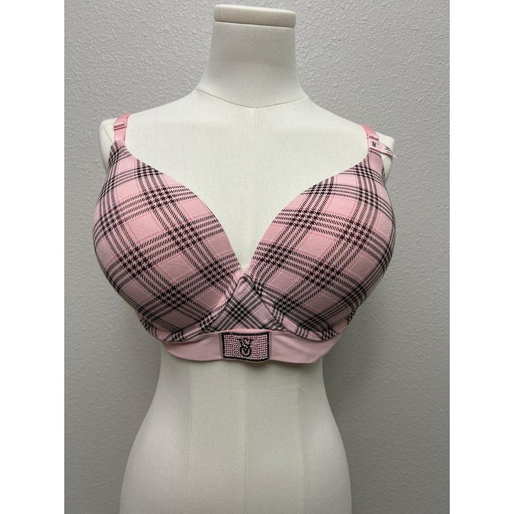NWT Victoria's Secret Pink Black Plaid Rhinestone Logo Push-Up Bra 38DD